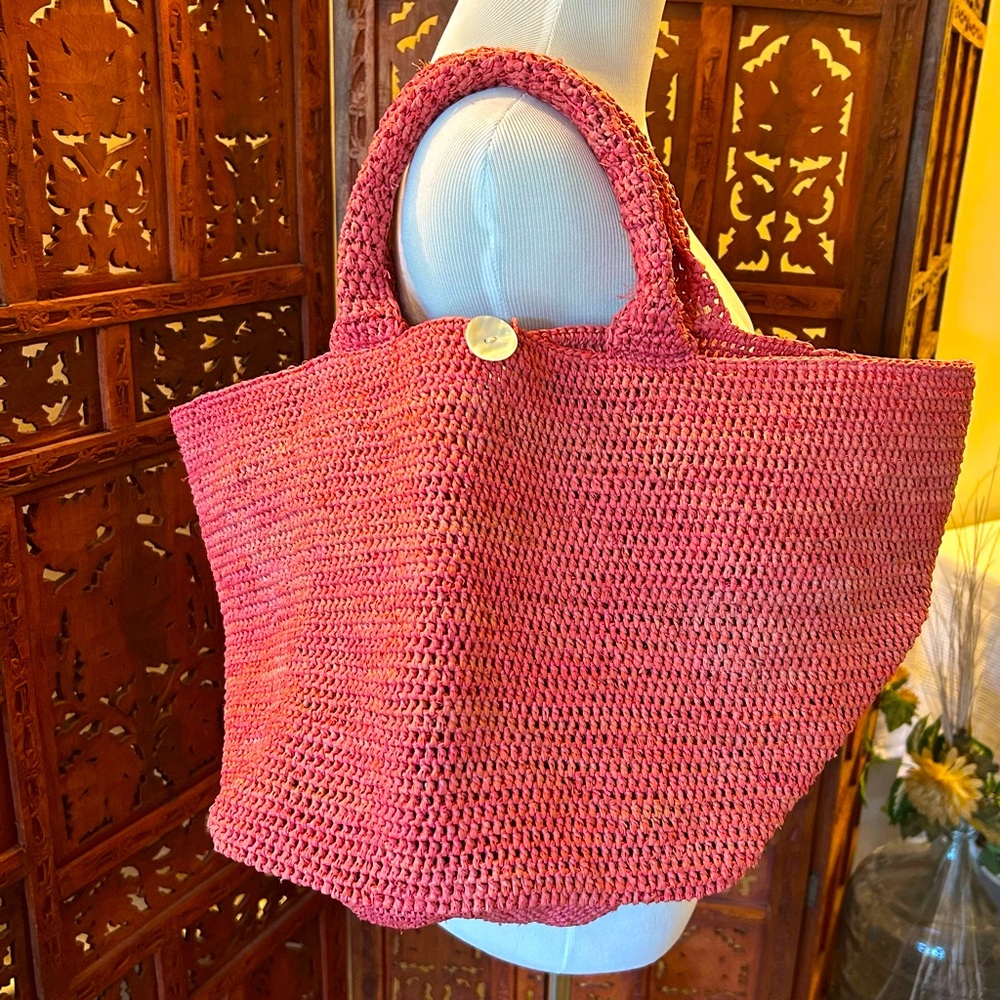 Annabell Ingall Australia Handmade Raffia Pink Salmon Tote Bag Mother of Pearl